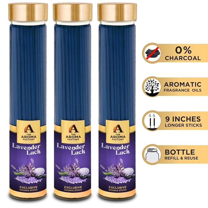 The Aroma Factory Lavender Luck Incense Sticks Agarbatti (Charcoal Free & 100% Herbal) Bottle Pack of 3 x 100