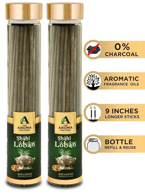 The Aroma Factory Agarbatti for Pooja, Shahi Loban Incense Sticks, Charcoal Free & Low Smoke Agarbatti with Essential Oils & Natural Fragrance for Home, Offices (100g X 2 Bottle)
