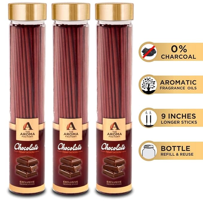 The Aroma Factory Chocolate Temptation Incense Sticks Agarbatti (Charcoal Free & 100% Herbal) Bottle Pack of 3 x 100