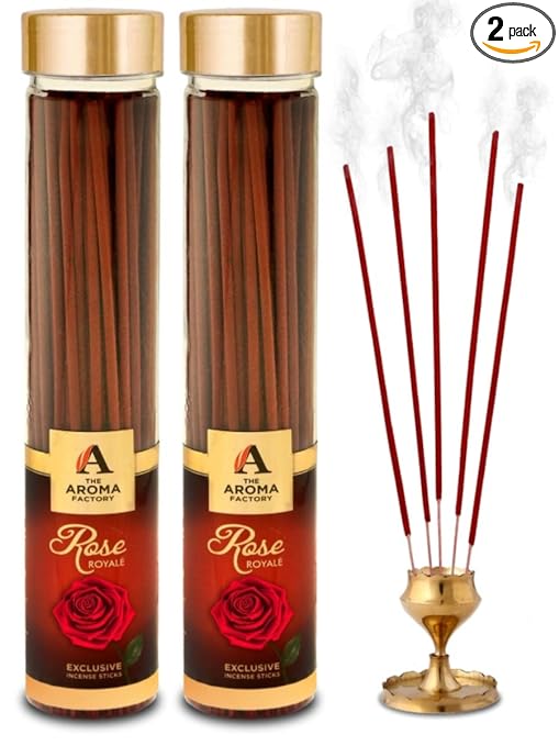 The Aroma Factory Rose Royale Incense Sticks Agarbatti (Charcoal Free & 100% Herbal) Bottle Pack of 2 x 100