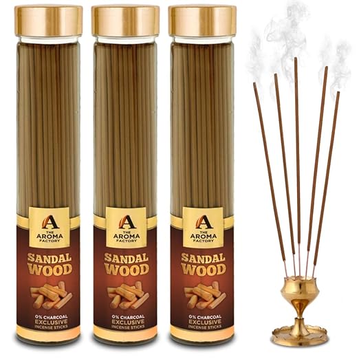The Aroma Factory Sandalwood Chandan Incense Sticks Agarbatti (Charcoal Free & 100% Herbal) Bottle Pack of 3 x 100 Gram