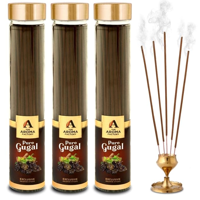 The Aroma Factory Pure Gugal Incense Sticks Agarbatti (Charcoal Free & 100% Herbal) Bottle Pack of 3 x 100