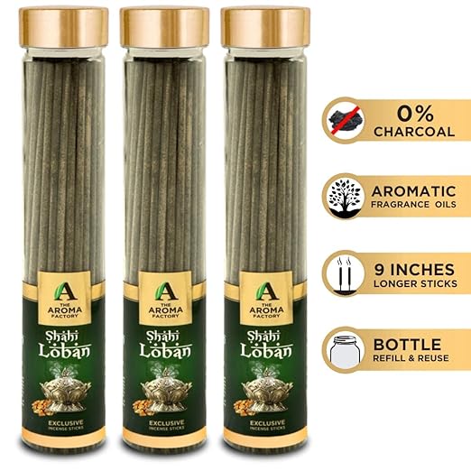 The Aroma Factory Shahi Loban Incense Sticks Agarbatti (Charcoal Free & 100% Herbal) Bottle Pack of 3 x 100