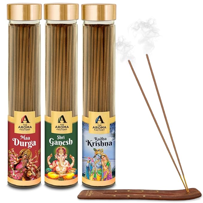 The Aroma Factory Maa Durga, Shri Ganesh & Radha Krishna Comco Agarbatti for Pooja, Luxury Incense Sticks, Low Smoke & Zero Charcoal (Bottle Pack of 3 x 100g)
