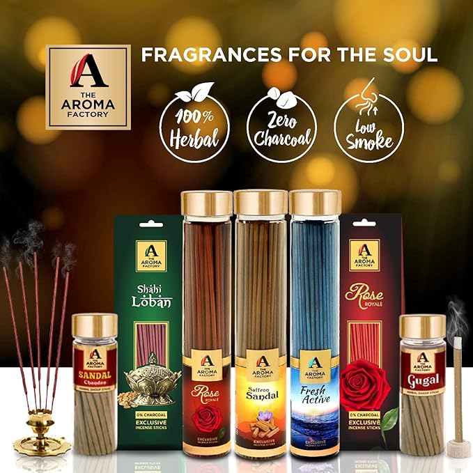 The Aroma Factory Shri Ganesh & Evil Eye Nazar Kavach Agarbatti for Pooja, Luxury Incense Sticks, Low Smoke & Zero Charcoal (Bottle Pack of 2 x 100g)