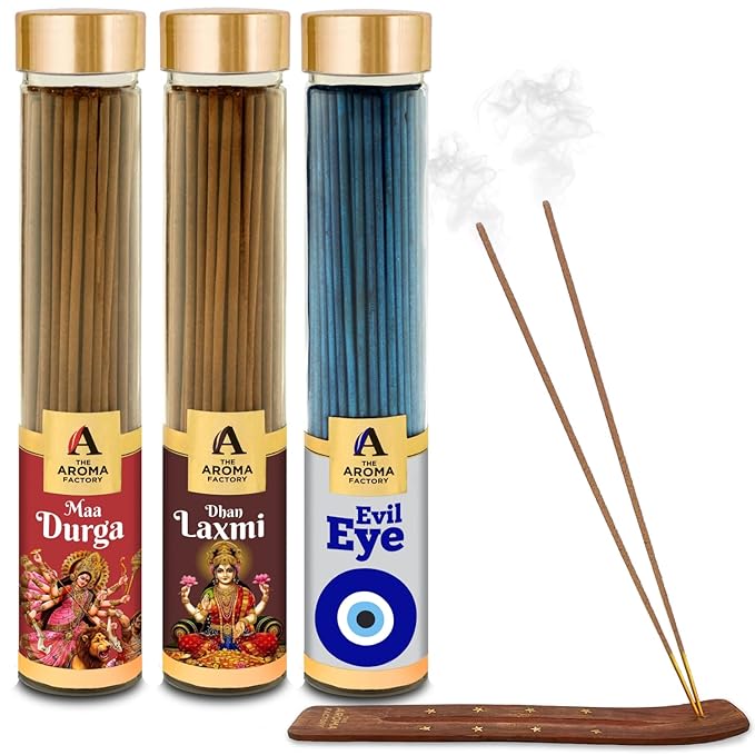 The Aroma Factory Durga Laxmi & Evil Eye Nazar Kavach Agarbatti for Pooja, Luxury Incense Sticks, Low Smoke & Zero Charcoal (Bottle Pack of 3 x 100g)