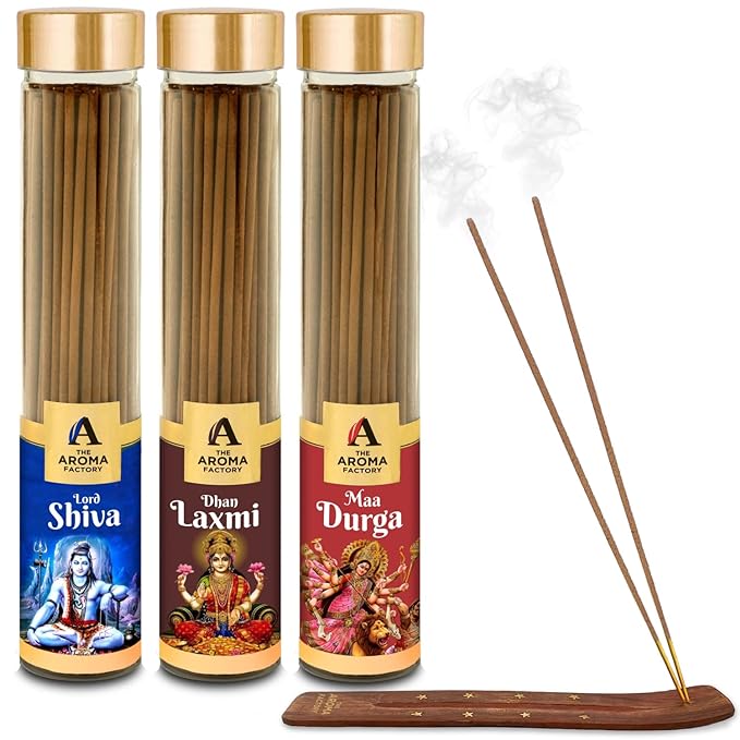 The Aroma Factory Lord Shiva, Dhan Laxmi & Maa Durga Agarbatti Pack for Pooja, Luxury Incense Sticks, Low Smoke & Zero Charcoal (Bottle Pack of 3 x 100g)