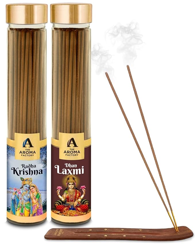 The Aroma Factory Radha Krishna & Dhan Laxmi Agarbatti for Pooja, Luxury Incense Sticks, Low Smoke & Zero Charcoal Fragrance for Home (Bottle Pack of 2 x 100g)