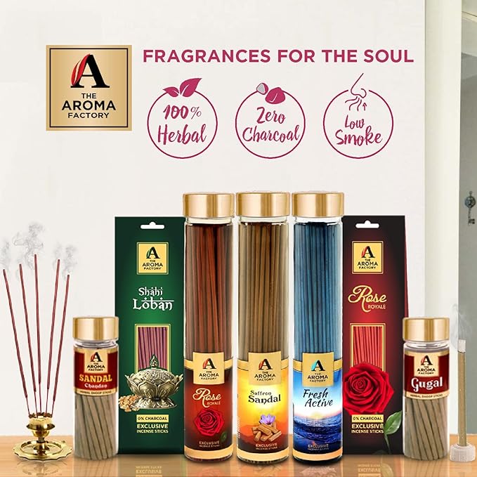 The Aroma Factory Agarbatti for Pooja, Evil Eye & Power of Woods Incense Sticks, Charcoal Free & Low Smoke Agarbatti with Essential Oils & Natural Fragrance, 100g X 2 Bottle