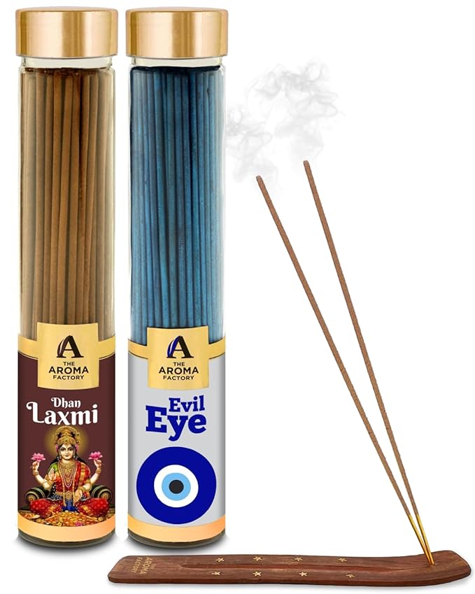 The Aroma Factory Dhan Laxmi & Evil Eye Nazar Kavach Agarbatti for Pooja, Luxury Incense Sticks, Low Smoke & Zero Charcoal (Bottle Pack of 2 x 100g)