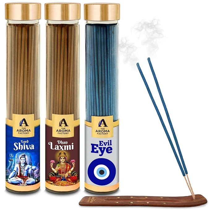 The Aroma Factory Shiva Laxmi & Evil Eye Nazar Kavach Agarbatti for Pooja, Luxury Incense Sticks, Low Smoke & Zero Charcoal (Bottle Pack of 3 x 100g)