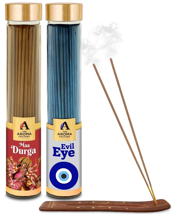 The Aroma Factory Maa Durga & Evil Eye Nazar Kavach Agarbatti for Pooja, Luxury Incense Sticks, Low Smoke & Zero Charcoal (Bottle Pack of 2 x 100g)