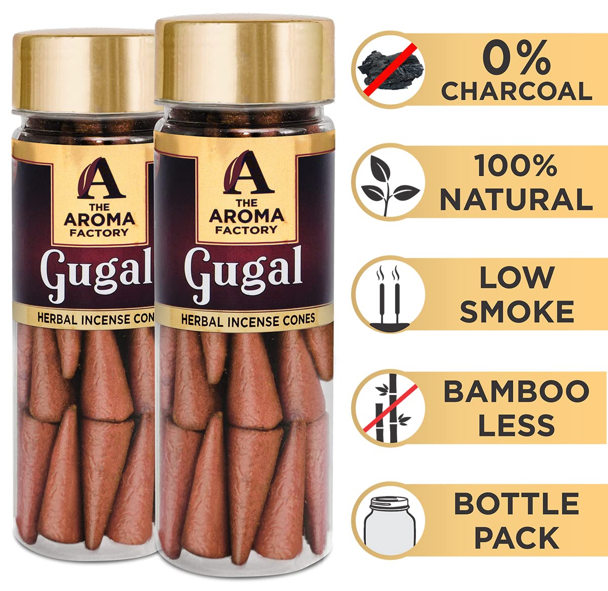 The Aroma Factory Incense Dhoop Cone for Pooja, Gugal (100% Herbal & 0% Charcoal) 2 Bottles x 30 Cones