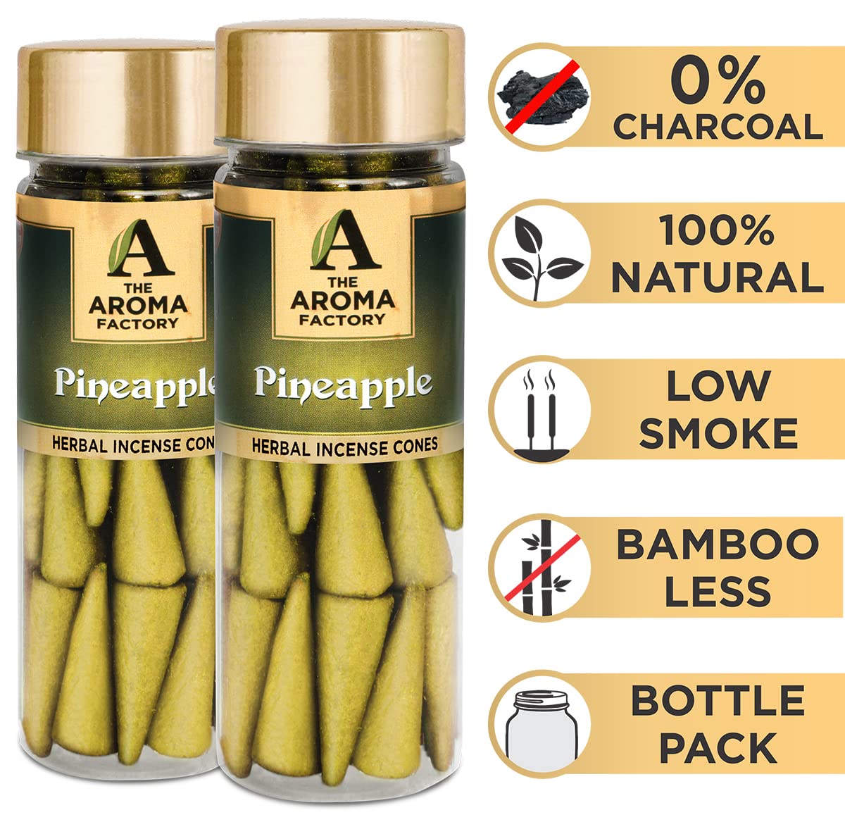 The Aroma Factory Incense Dhoop Cone for Pooja, Pineapple (100% Herbal & 0% Charcoal) 2 Bottles x 30 Cones