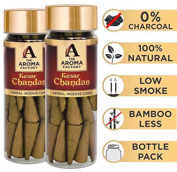 The Aroma Factory Incense Dhoop Cone for Pooja, Kesar Chandan Sandal (100% Herbal & 0% Charcoal) 2 Bottles x 30 Cones