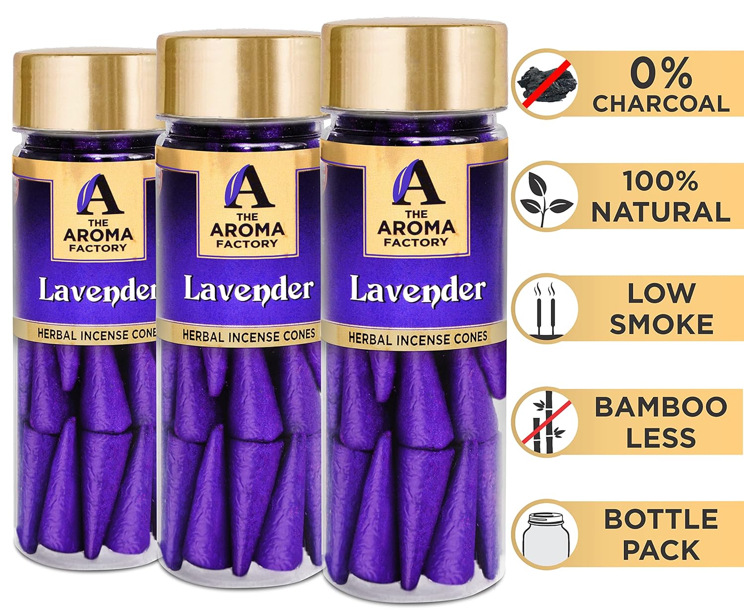 The Aroma Factory Incense Dhoop Cone, Lavender (100% Herbal & 0% Charcoal) 3 Bottles x 30 Cones