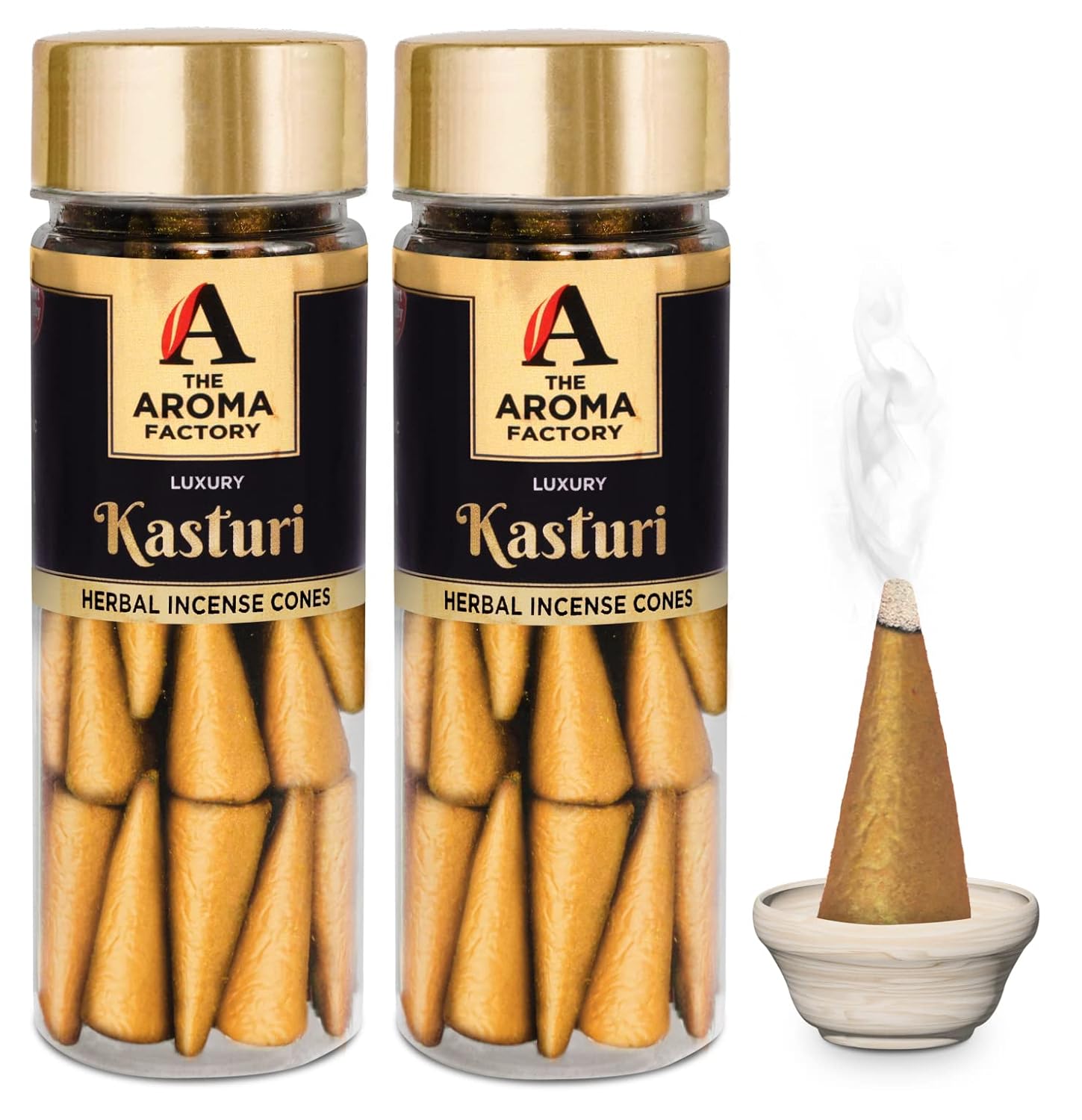 The Aroma Factory Incense Dhoop Cone for Puja, Kasturi (100% Herbal & 0% Charcoal) 2 Bottles x 30 Cones