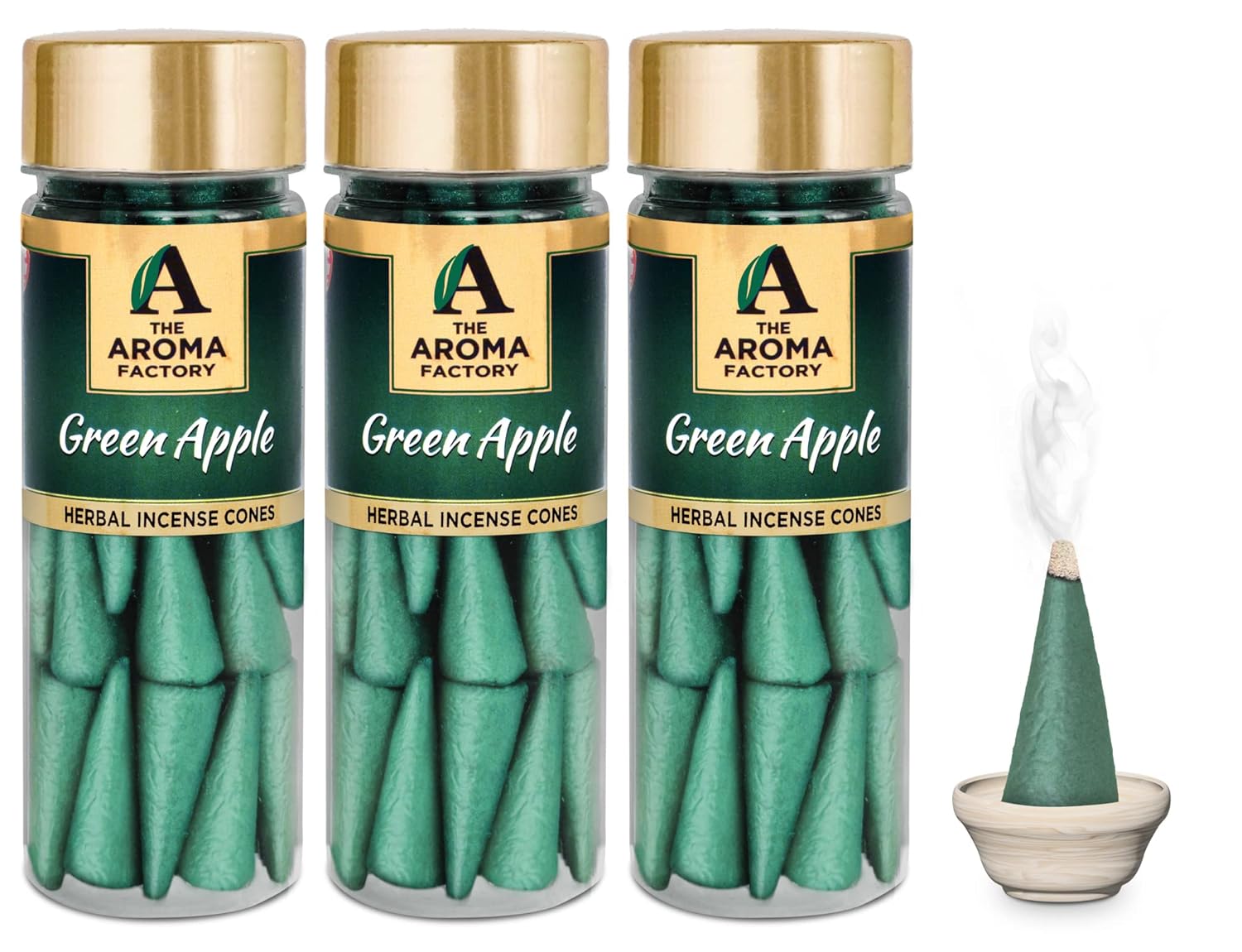 The Aroma Factory Incense Dhoop Cone, Green Apple (100% Herbal & 0% Charcoal) 3 Bottles x 30 Cones