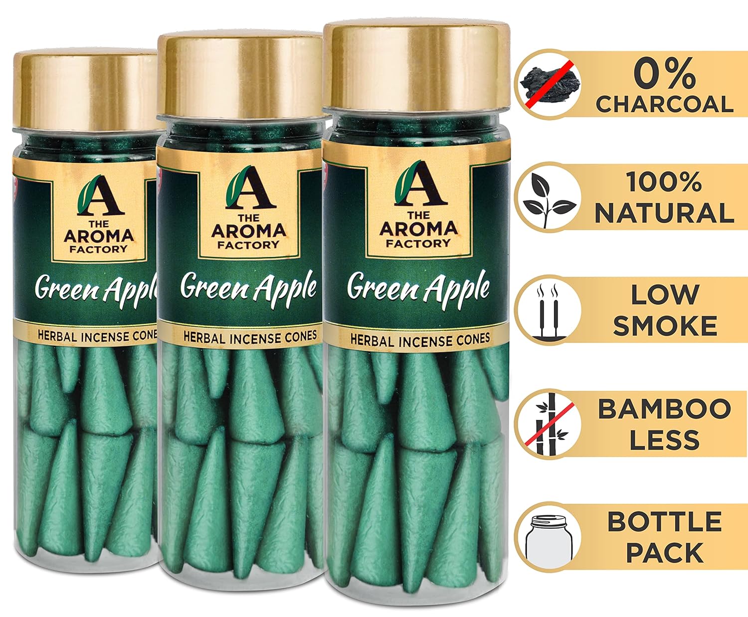 The Aroma Factory Incense Dhoop Cone, Green Apple (100% Herbal & 0% Charcoal) 3 Bottles x 30 Cones
