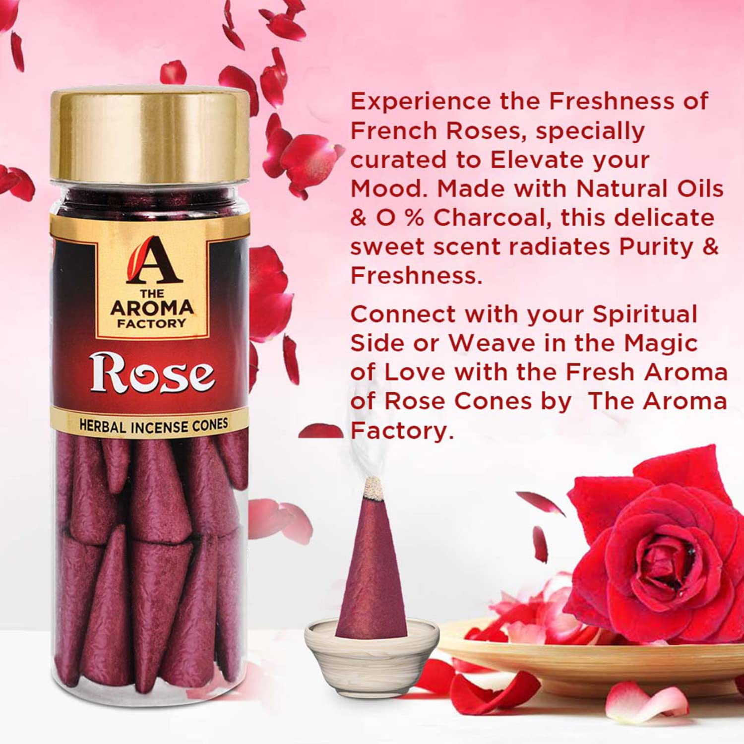 The Aroma Factory Incense Dhoop Cone, Rose (100% Herbal & 0% Charcoal) 3 Bottles x 30 Cones