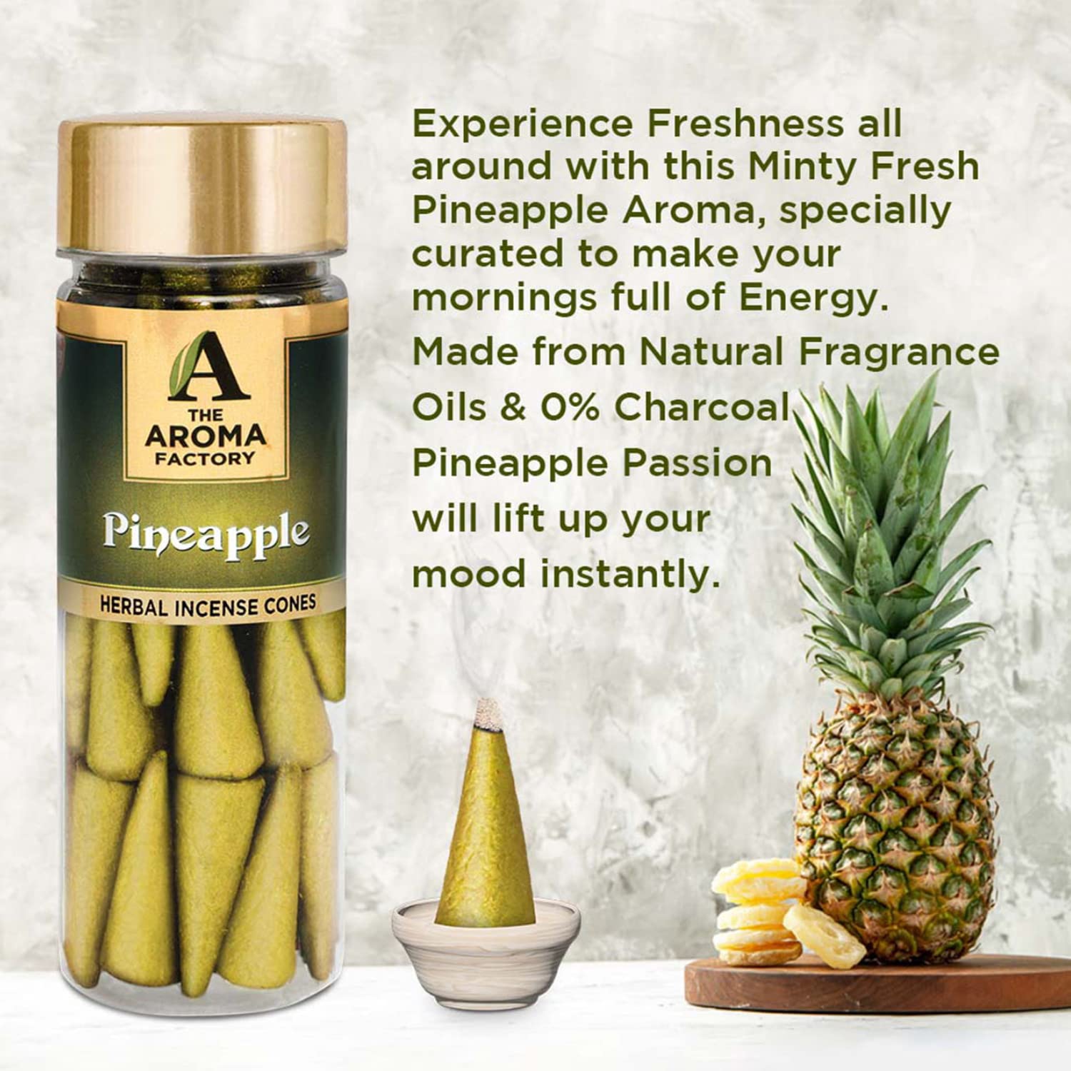 The Aroma Factory Incense Dhoop Cone, Pineapple (100% Herbal & 0% Charcoal) 3 Bottles x 30 Cones