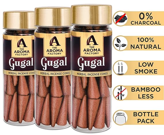 The Aroma Factory Incense Dhoop Cone, Gugal (100% Herbal & 0% Charcoal) 3 Bottles x 30 Cones