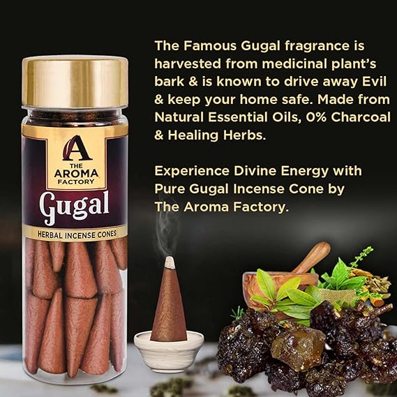 The Aroma Factory Incense Dhoop Cone, Gugal (100% Herbal & 0% Charcoal) 3 Bottles x 30 Cones