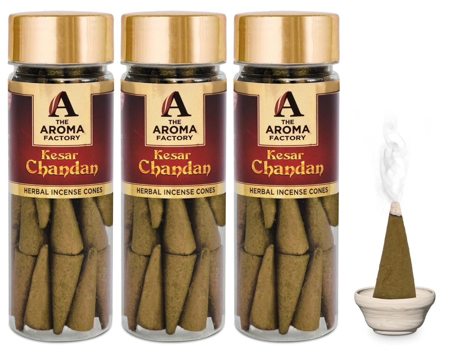 The Aroma Factory Incense Dhoop Cone Kesar Chandan Sandalwood (100% Herbal & 0% Charcoal) 3 Bottles x 30 Cones