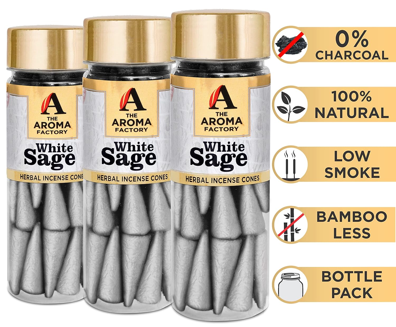 The Aroma Factory Incense Dhoop Cone, White Sage (100% Herbal & 0% Charcoal) 3 Bottles x 30 Cones