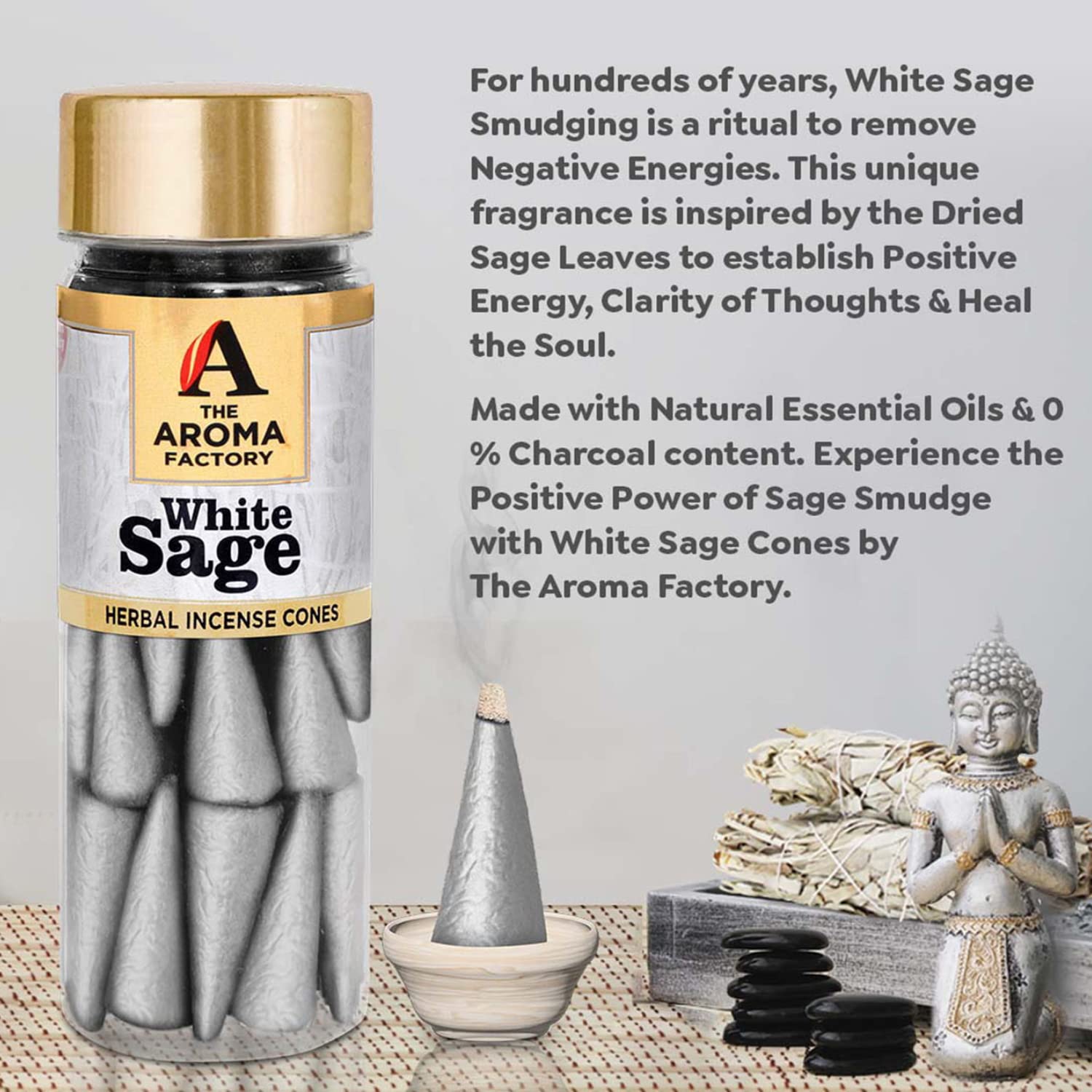 The Aroma Factory Incense Dhoop Cone, White Sage (100% Herbal & 0% Charcoal) 3 Bottles x 30 Cones