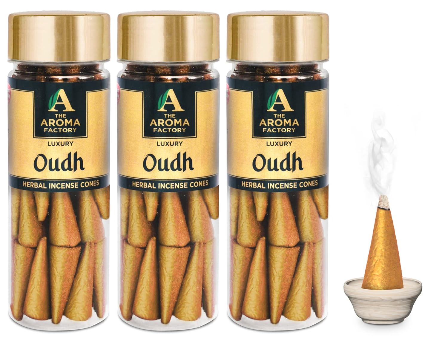 The Aroma Factory Incense Dhoop Cone, Oudh (100% Herbal & 0% Charcoal) 3 Bottles x 30 Cones