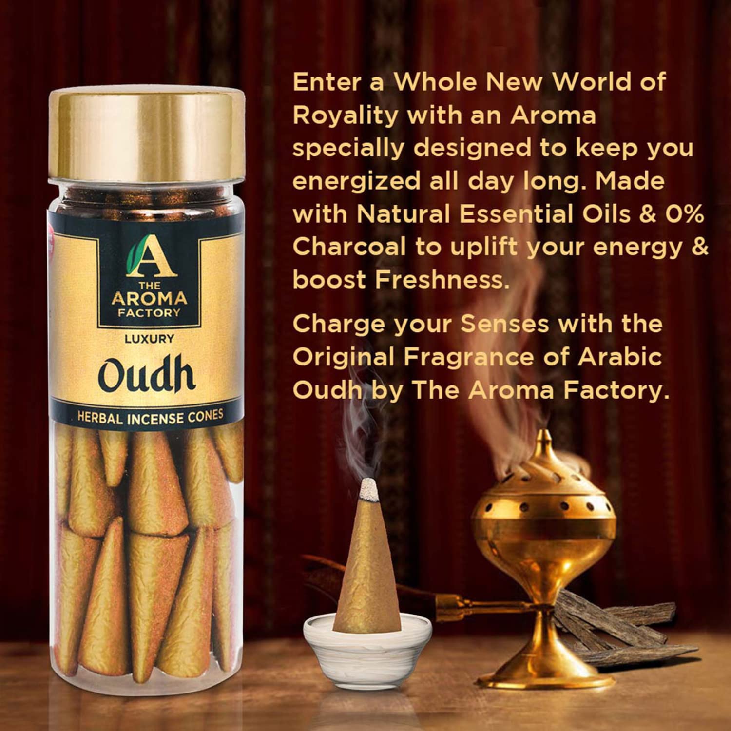The Aroma Factory Incense Dhoop Cone, Oudh (100% Herbal & 0% Charcoal) 3 Bottles x 30 Cones