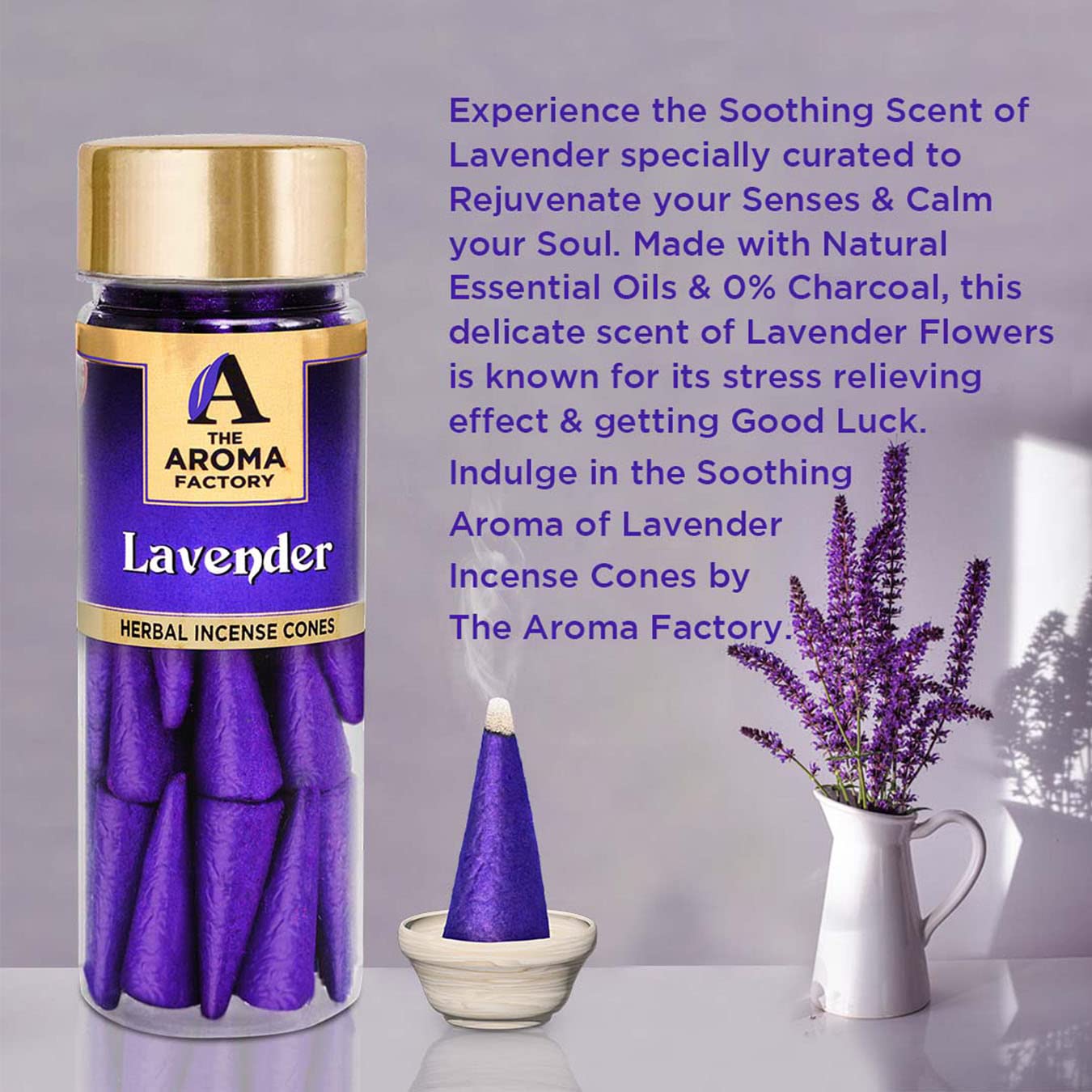The Aroma Factory Incense Dhoop Cone for Pooja, Lavender (100% Herbal & 0% Charcoal) 2 Bottles x 30 Cones