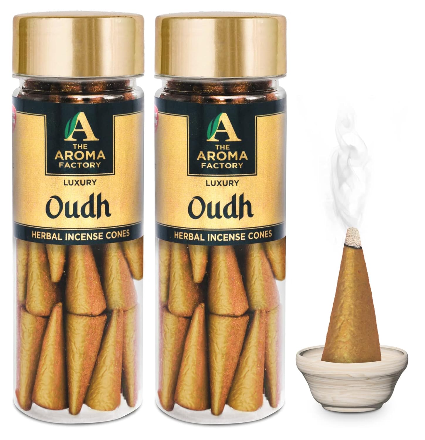 The Aroma Factory Incense Dhoop Cone for Puja, Oudh (100% Herbal & 0% Charcoal) 2 Bottles x 30 Cones