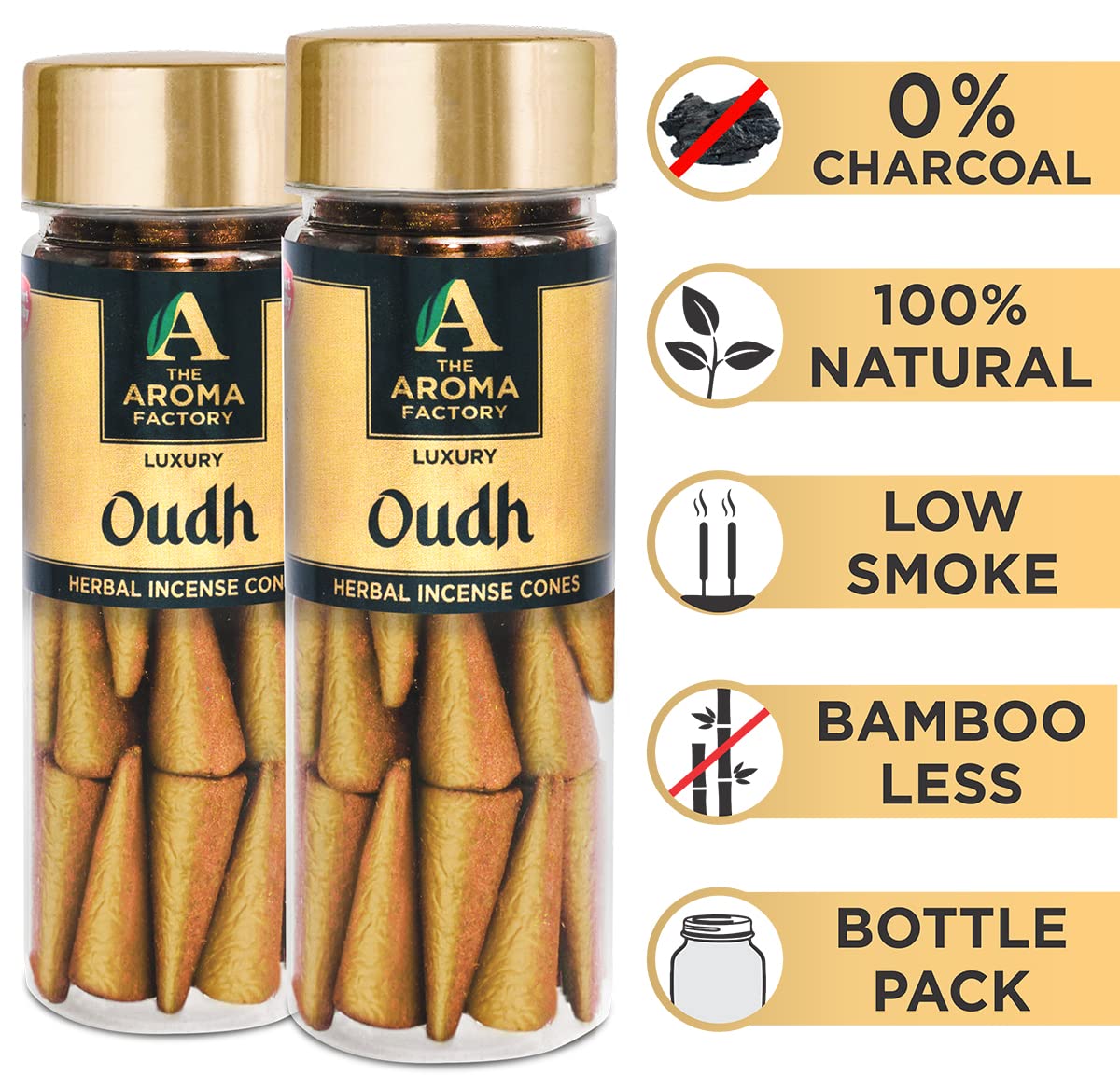 The Aroma Factory Incense Dhoop Cone for Puja, Oudh (100% Herbal & 0% Charcoal) 2 Bottles x 30 Cones