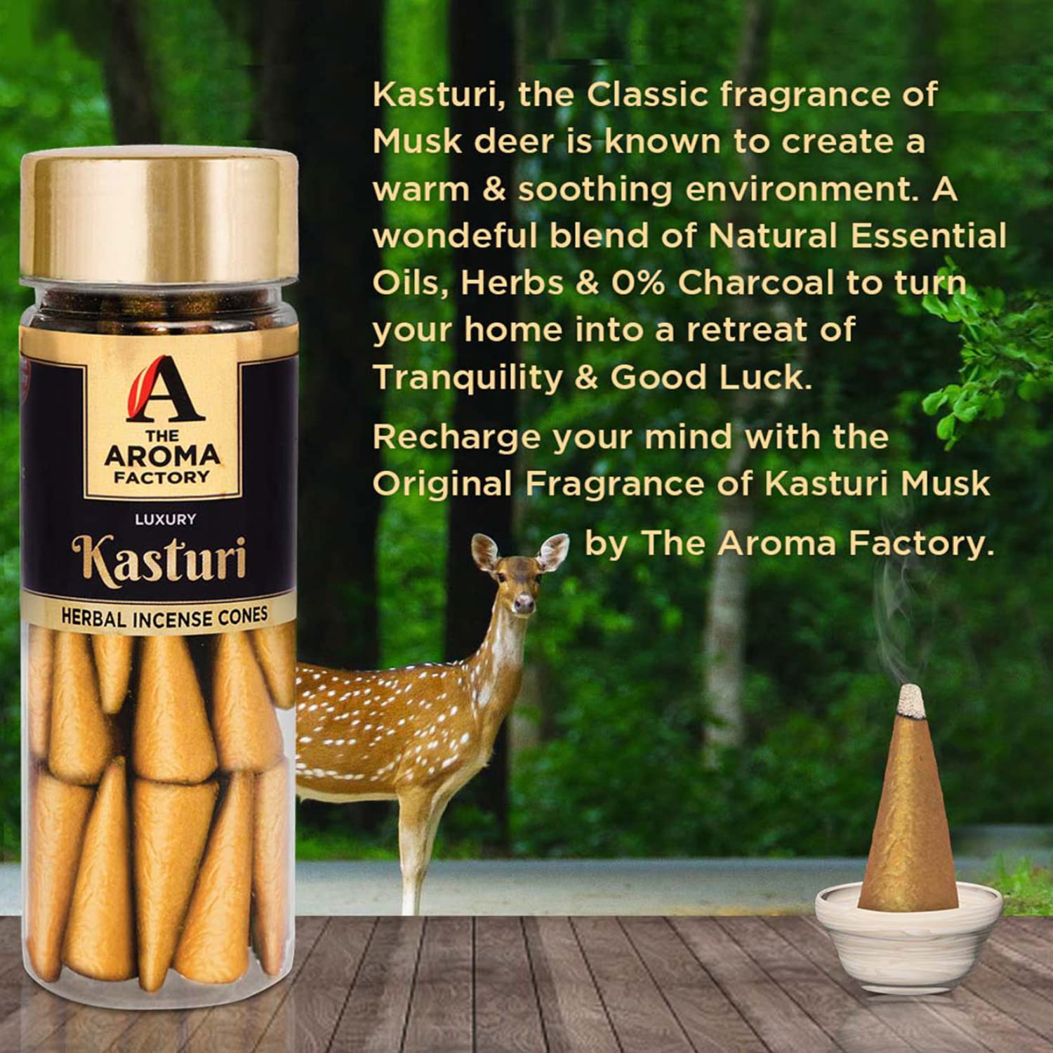The Aroma Factory Incense Dhoop Cone, Kasturi (100% Herbal & 0% Charcoal) 3 Bottles x 30 Cones