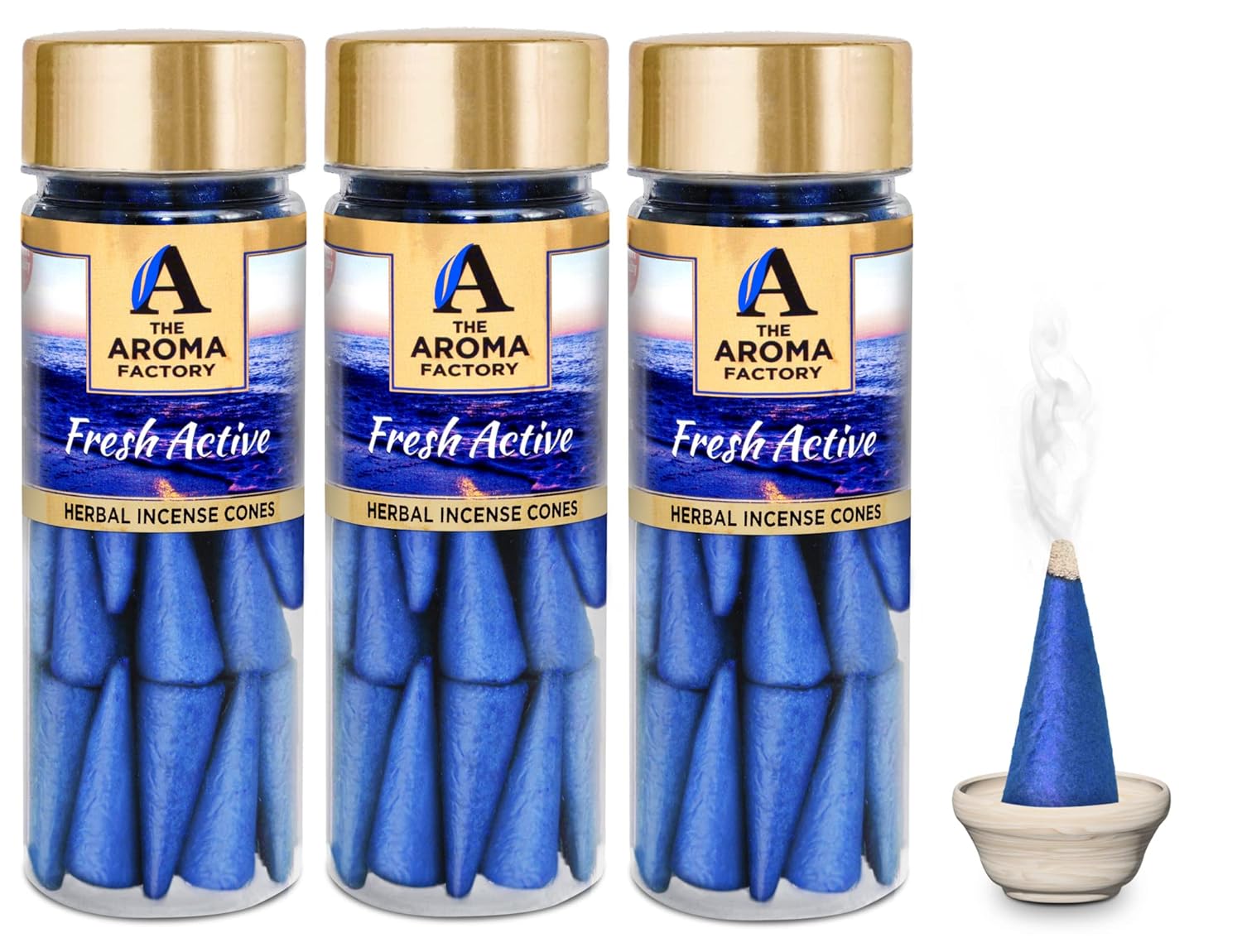 The Aroma Factory Incense Dhoop Cone for Puja, Fresh Active (100% Herbal & 0% Charcoal) 3 Bottles x 30 Cones