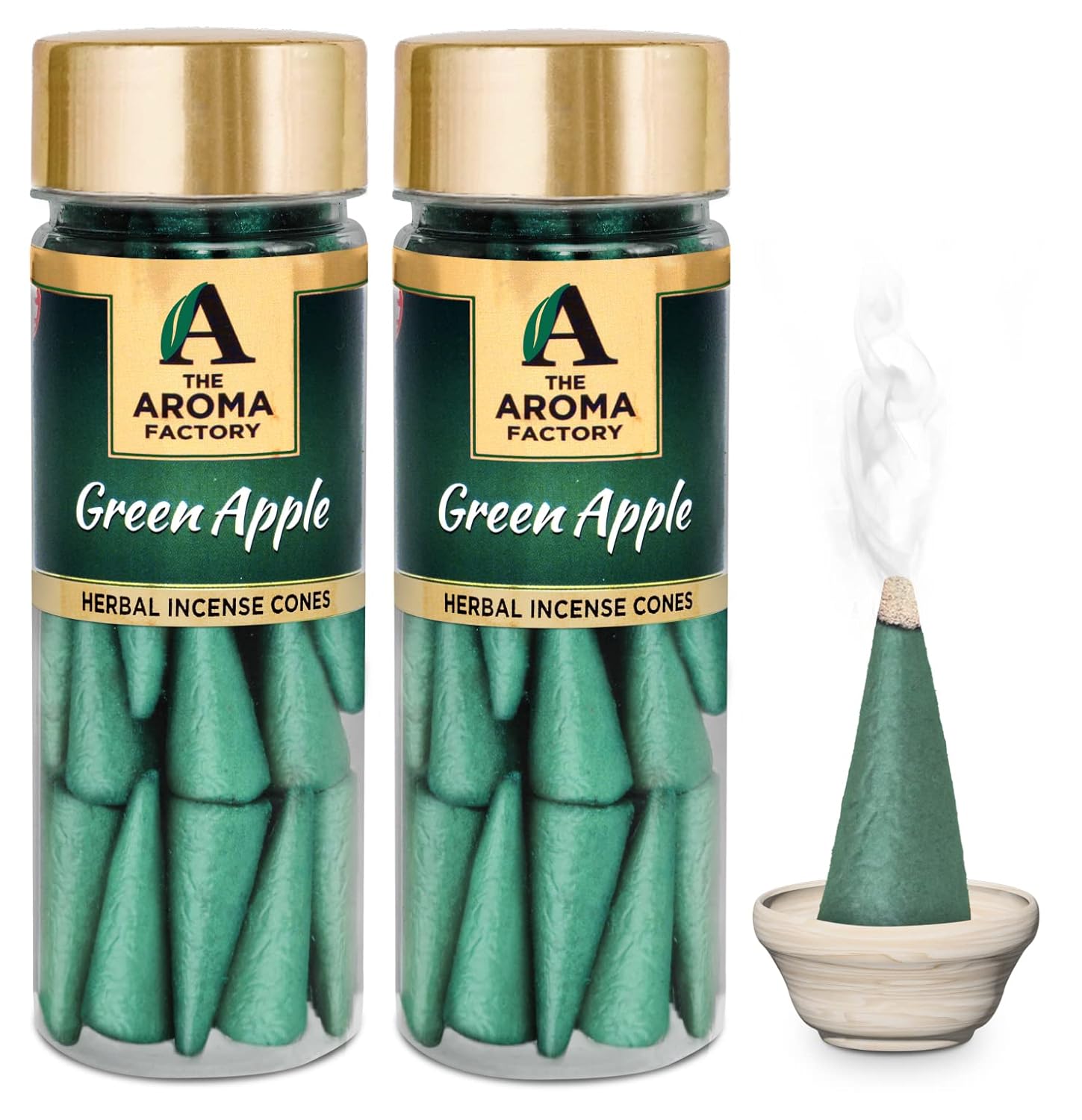 The Aroma Factory Incense Dhoop Cone for Pooja, Green Apple (100% Herbal & 0% Charcoal) 2 Bottles x 30 Cones