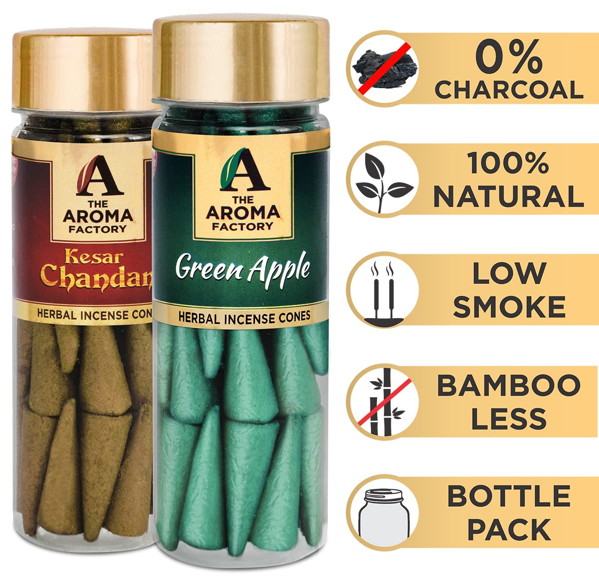 The Aroma Factory Incense Dhoop Cone for Pooja, Kesar Chandan & Green Apple (100% Herbal & 0% Charcoal) 2 Bottles x 30 Cones