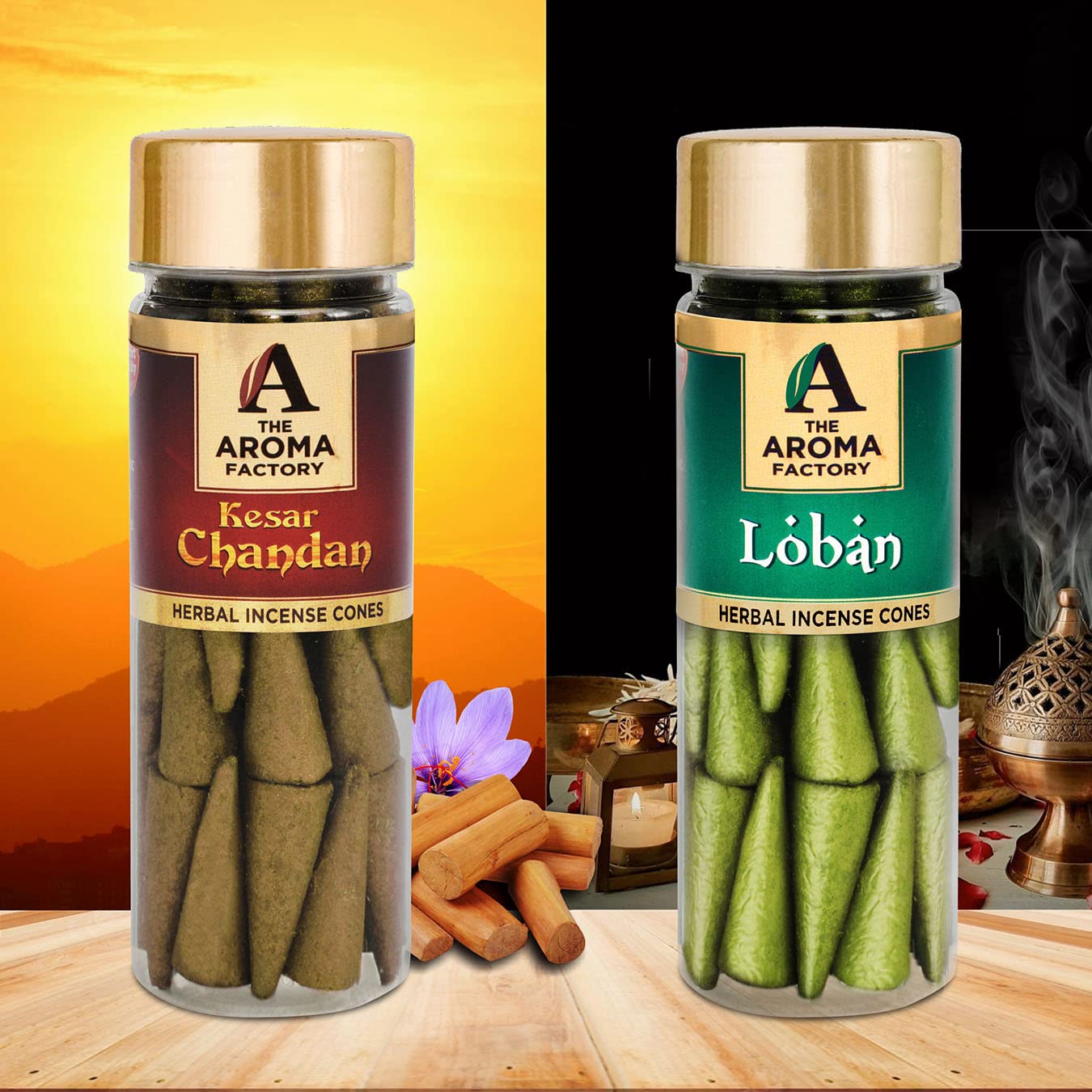 The Aroma Factory Incense Dhoop Cone for Pooja, Kesar Chandan & Loban (100% Herbal & 0% Charcoal) 2 Bottles x 30 Cones