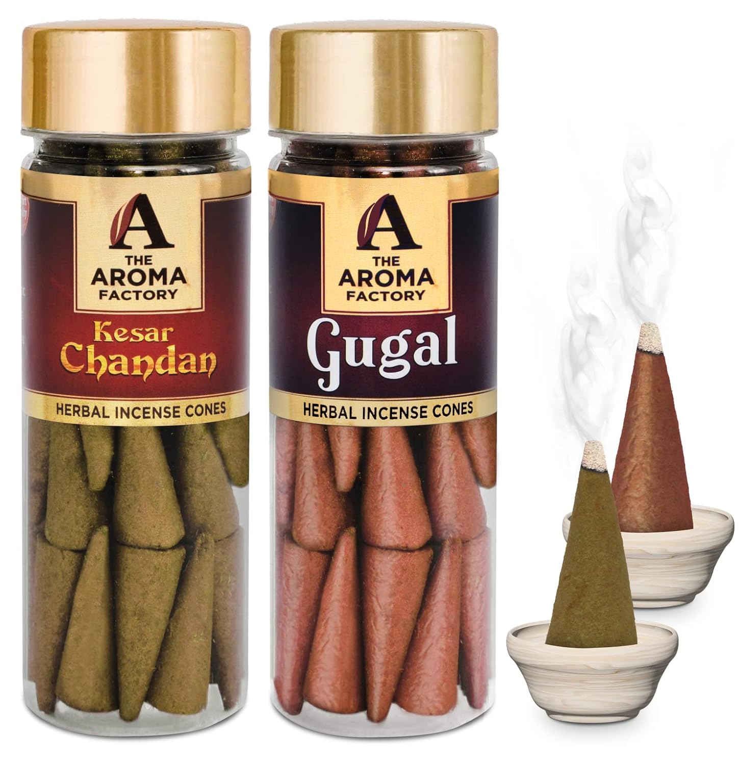 The Aroma Factory Incense Dhoop Cone for Pooja, Kesar Chandan & Gugal (100% Herbal & 0% Charcoal) 2 Bottles x 30 Cones