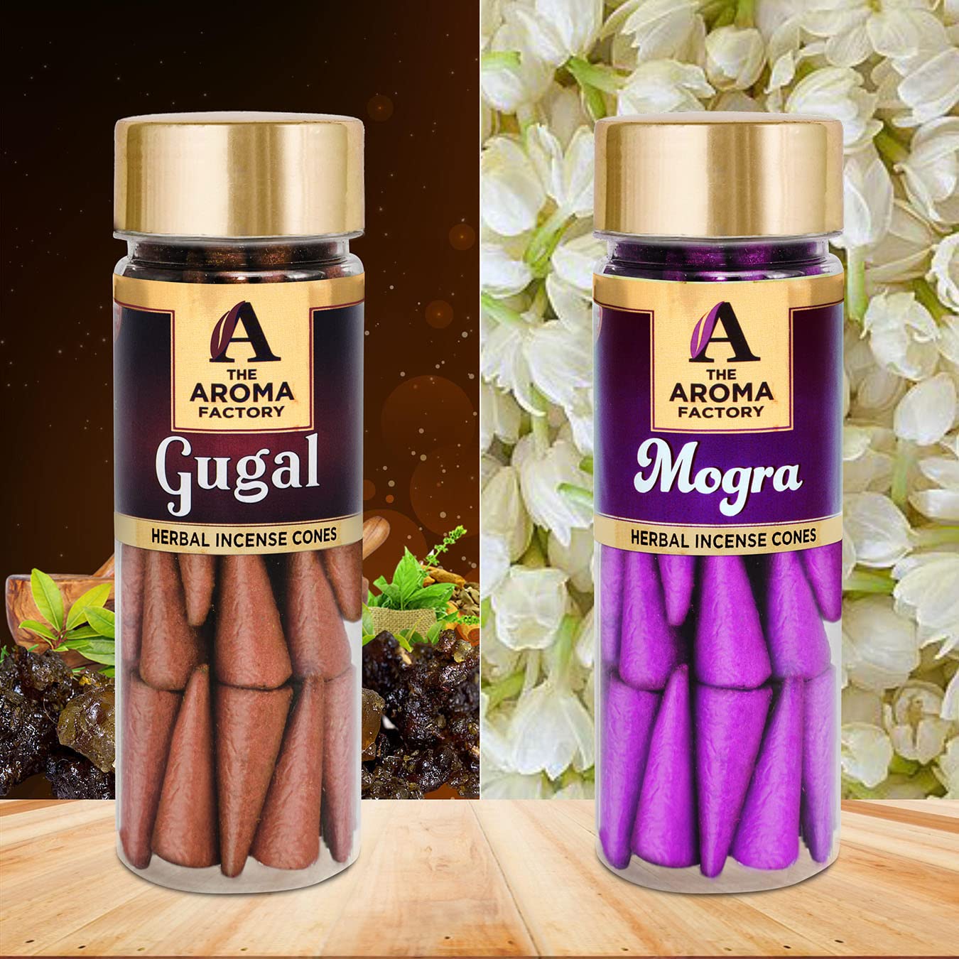 The Aroma Factory Incense Dhoop Cone for Pooja, Gugal & Mogra (100% Herbal & 0% Charcoal) 2 Bottles x 30 Cones