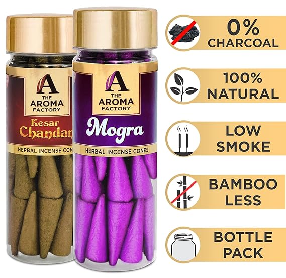 The Aroma Factory Incense Dhoop Cone for Pooja, Kesar Chandan & Mogra (100% Herbal & 0% Charcoal) 2 Bottles x 30 Cones