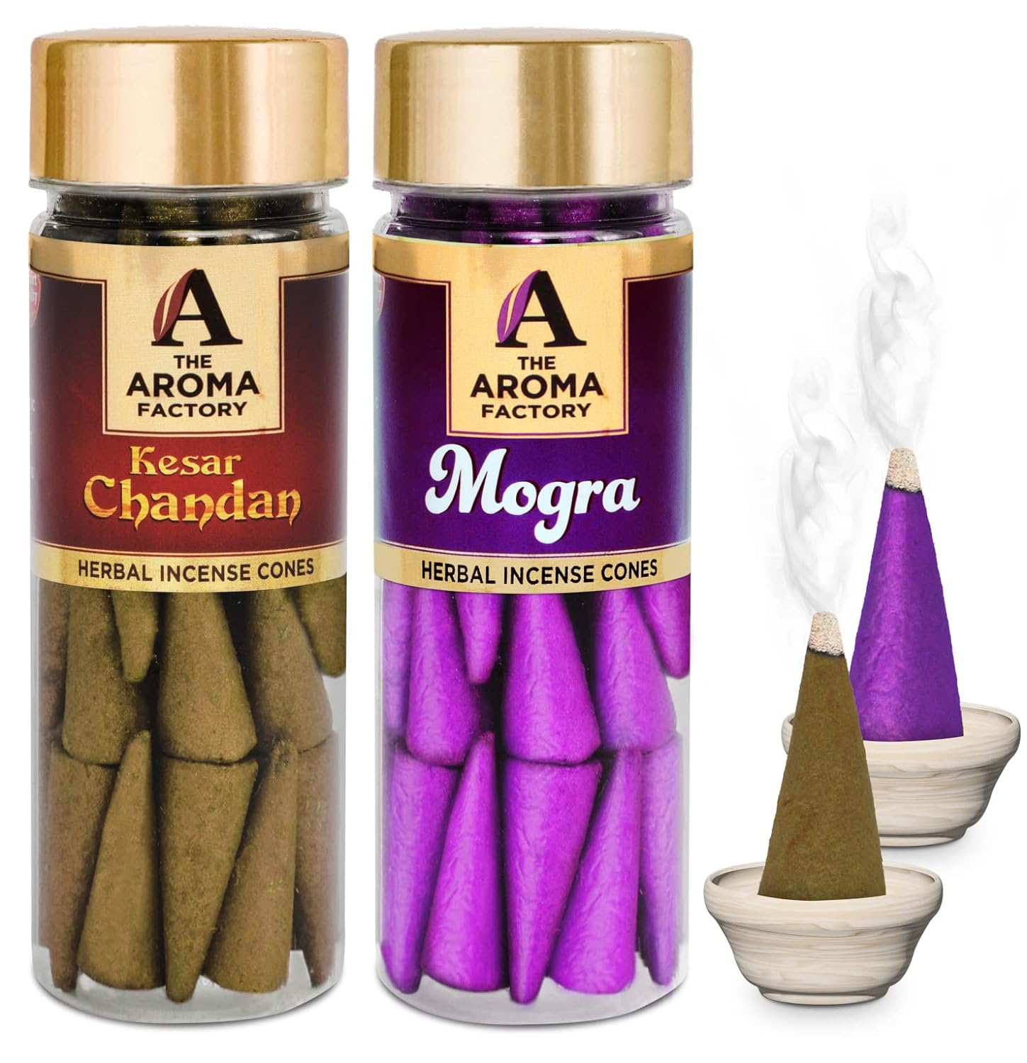 The Aroma Factory Incense Dhoop Cone for Pooja, Kesar Chandan & Mogra (100% Herbal & 0% Charcoal) 2 Bottles x 30 Cones
