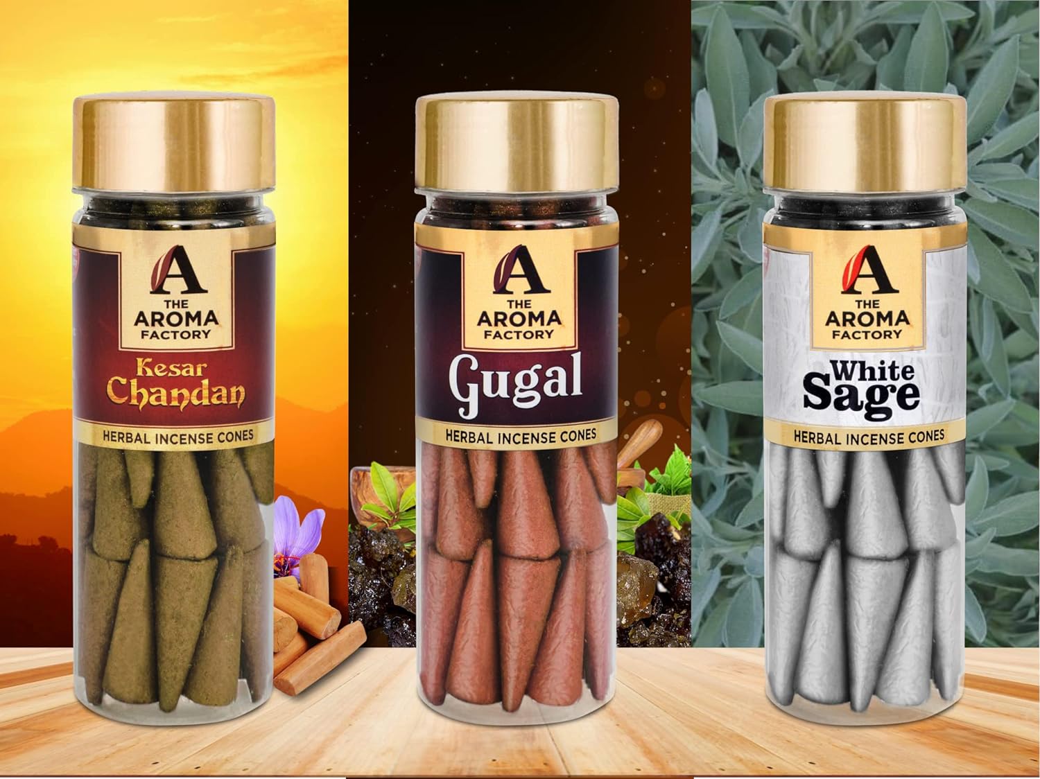 The Aroma Factory Incense Dhoop Cone, Gugal, White Sage & Kesar Chandan (100% Herbal & 0% Charcoal) 3 Bottles x 30 Cones