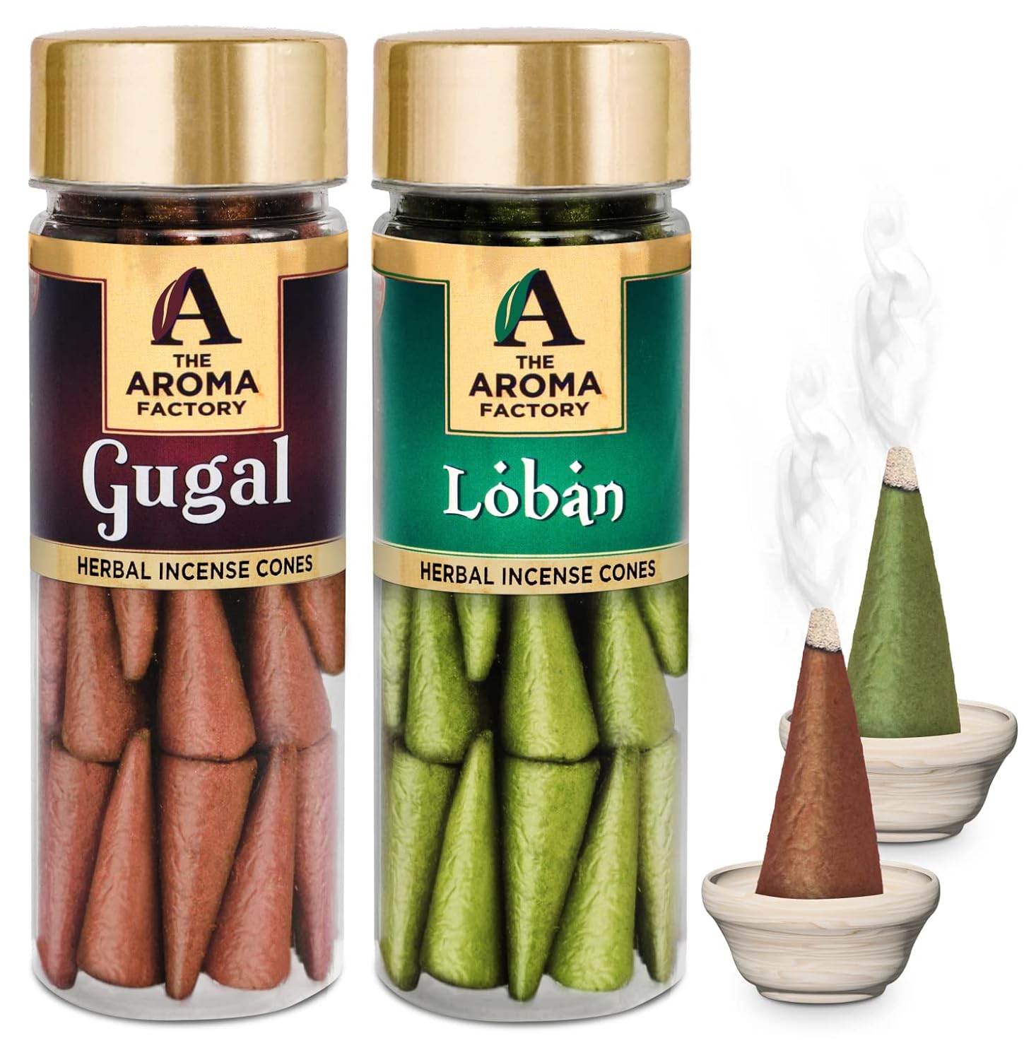 The Aroma Factory Incense Dhoop Cone for Pooja, Gugal & Loban (100% Herbal & 0% Charcoal) 2 Bottles x 30 Cones