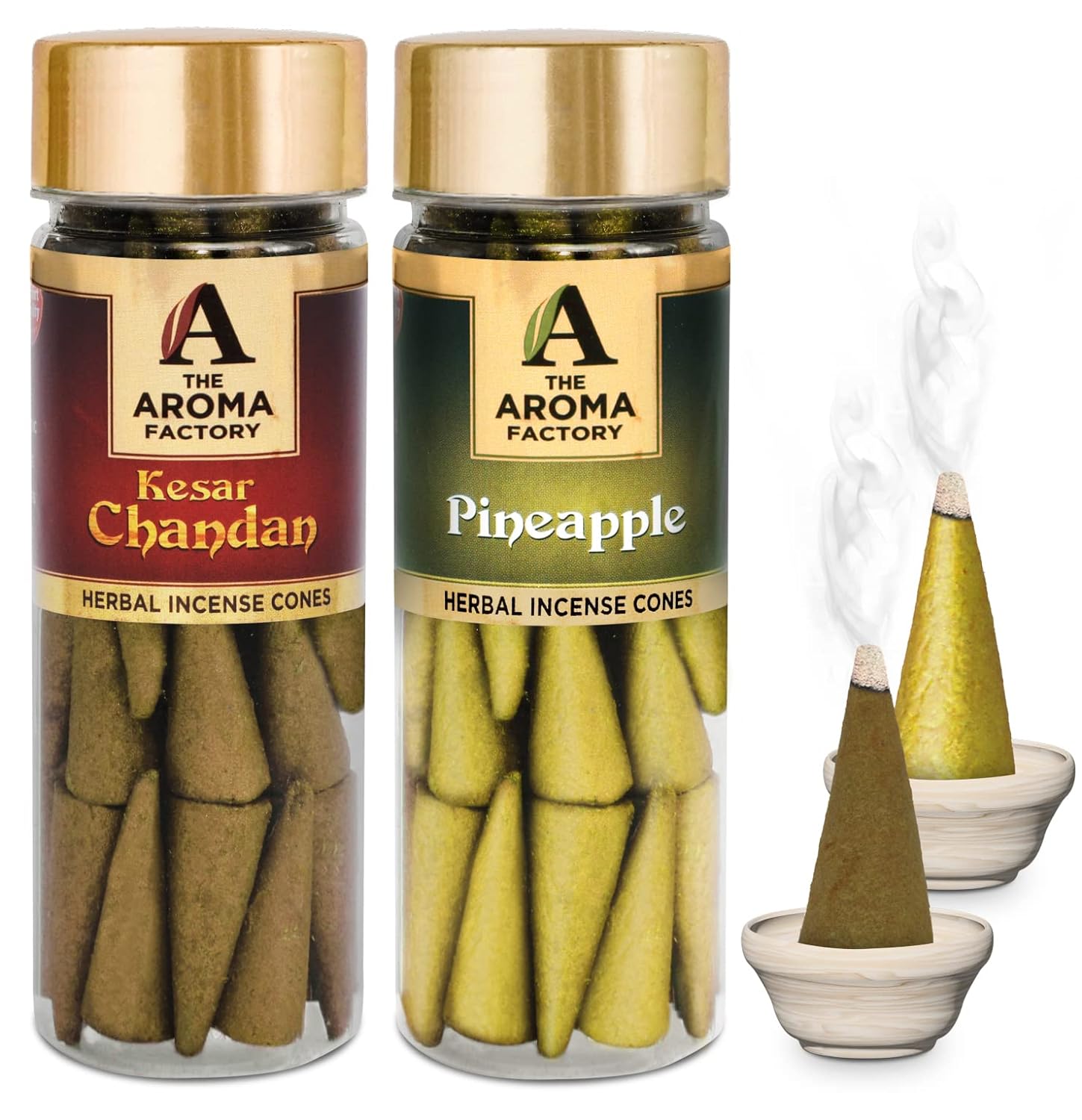 The Aroma Factory Incense Dhoop Cone for Pooja, Kesar Chandan & Pineapple (100% Herbal & 0% Charcoal) 2 Bottles x 30 Cones