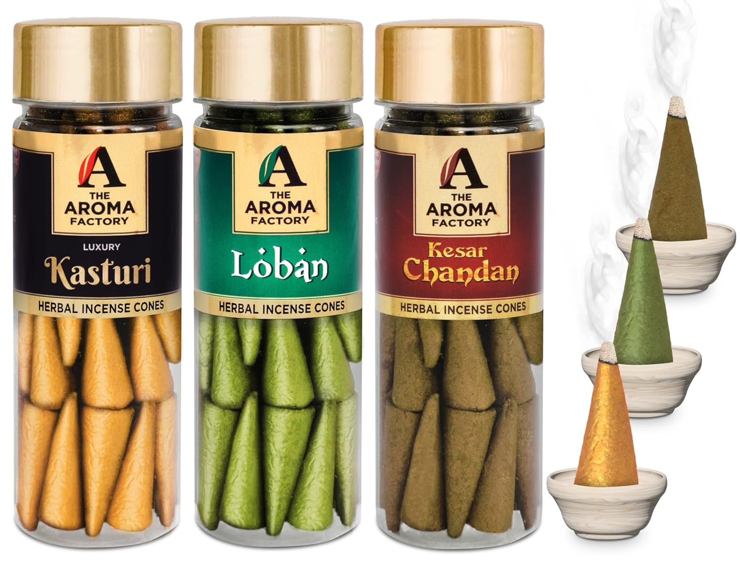 The Aroma Factory Incense Dhoop Cone for Pooja, Loban, Kasturi & Kesar Chandan (100% Herbal & 0% Charcoal) 3 Bottles x 30 Cones