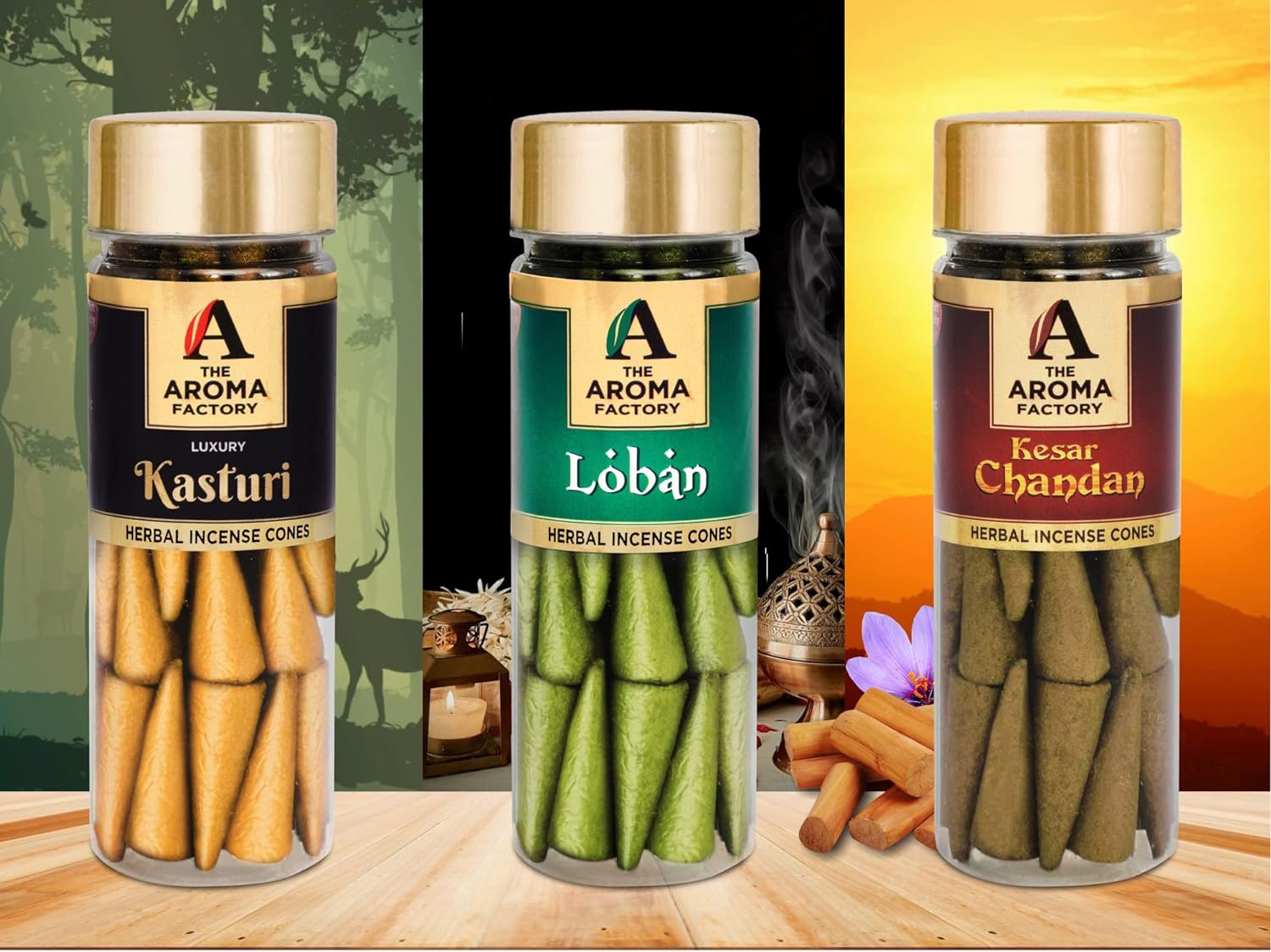 The Aroma Factory Incense Dhoop Cone for Pooja, Loban, Kasturi & Kesar Chandan (100% Herbal & 0% Charcoal) 3 Bottles x 30 Cones