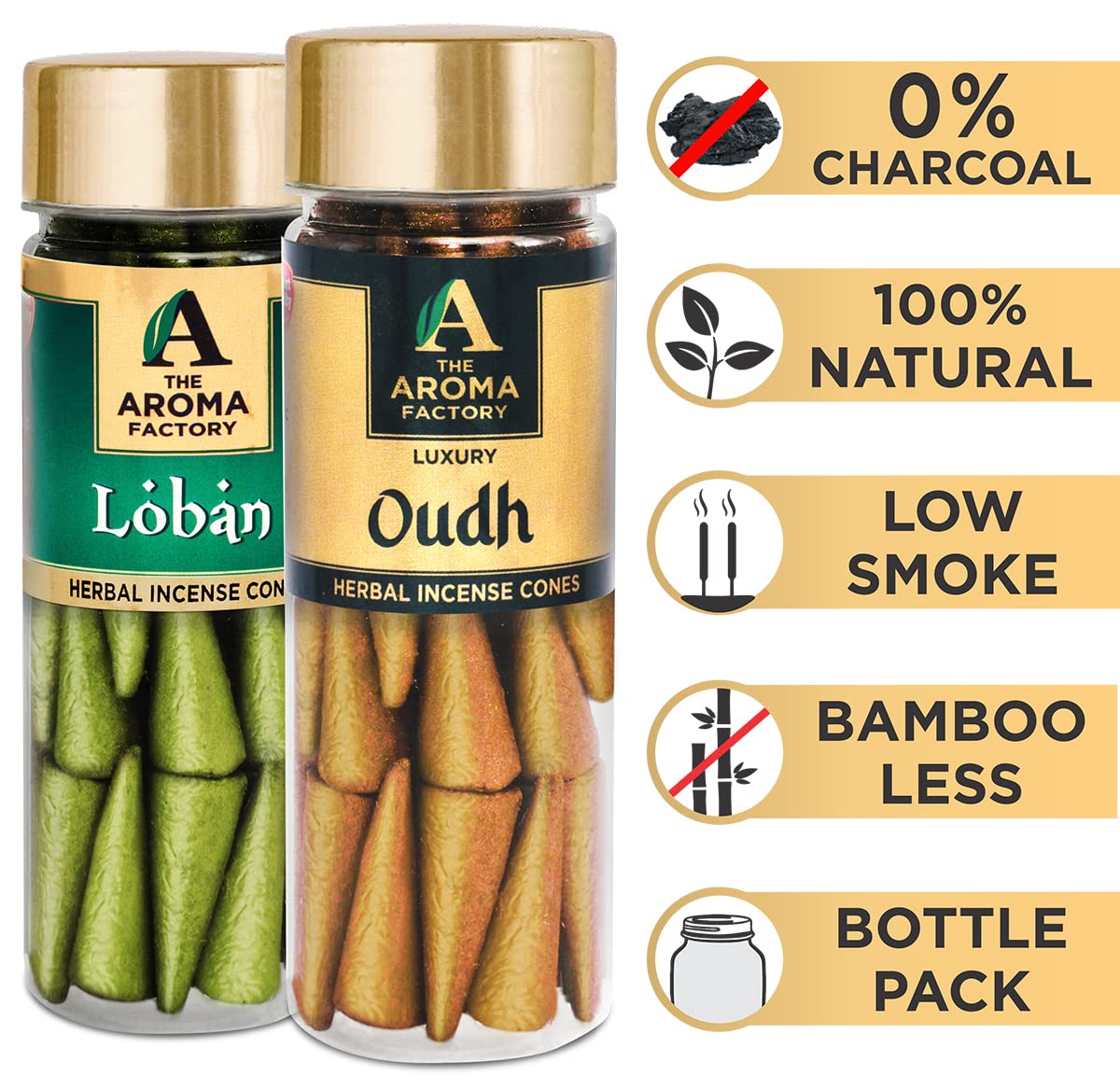 The Aroma Factory Incense Dhoop Cone for Pooja, Loban & Oudh (100% Herbal & 0% Charcoal) 2 Bottles x 30 Cones